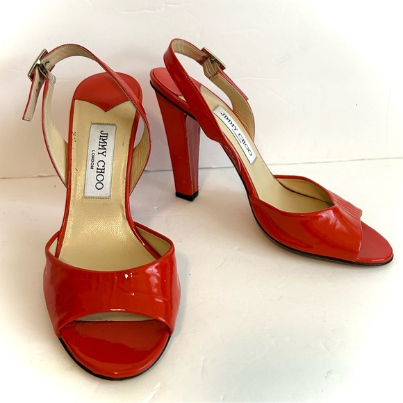 Jimmy CHOO Patent Leather Pepper Slingback Sandal Heels Orange